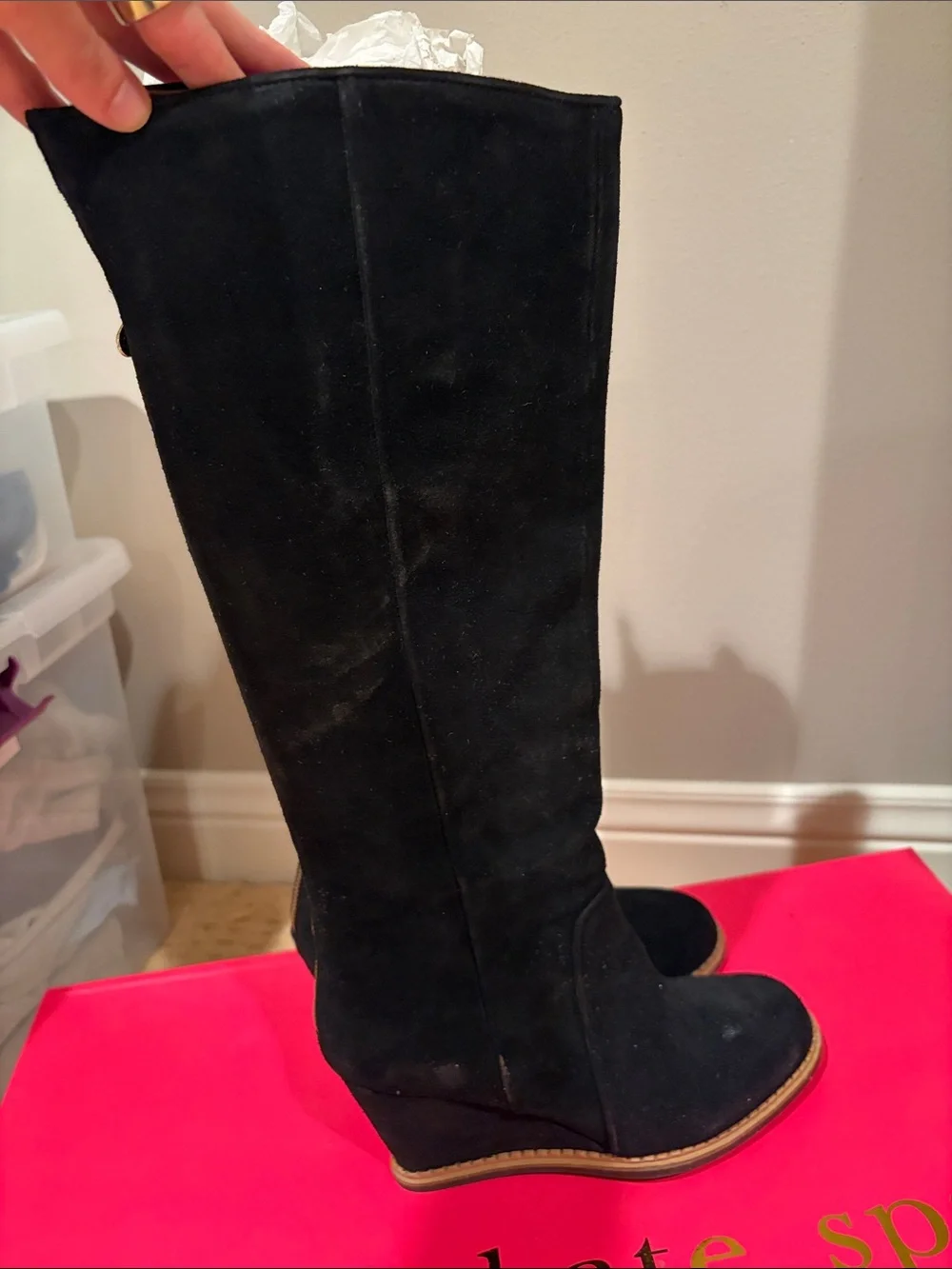 kate spade Black Suede Knee-High Wedge Boots